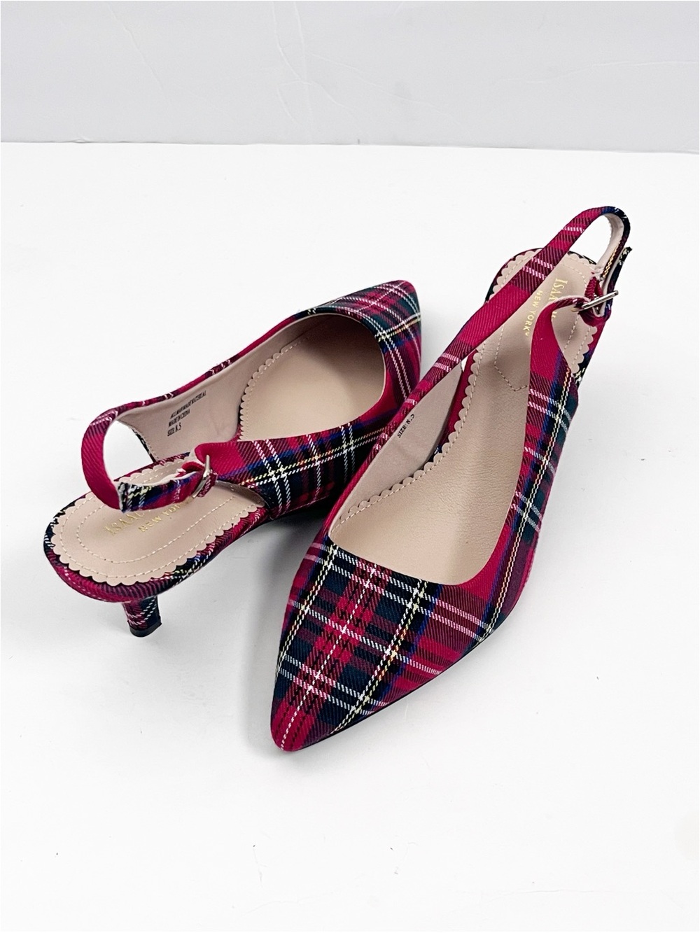 ISAAC MIZRAHI Tartan Plaid Pointy Toe Kitten Heel Slingbacks Size 8.5 Christmas